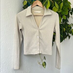 OAK + FORT Cream Fitted Long Sleeve Notched Collar Shirt